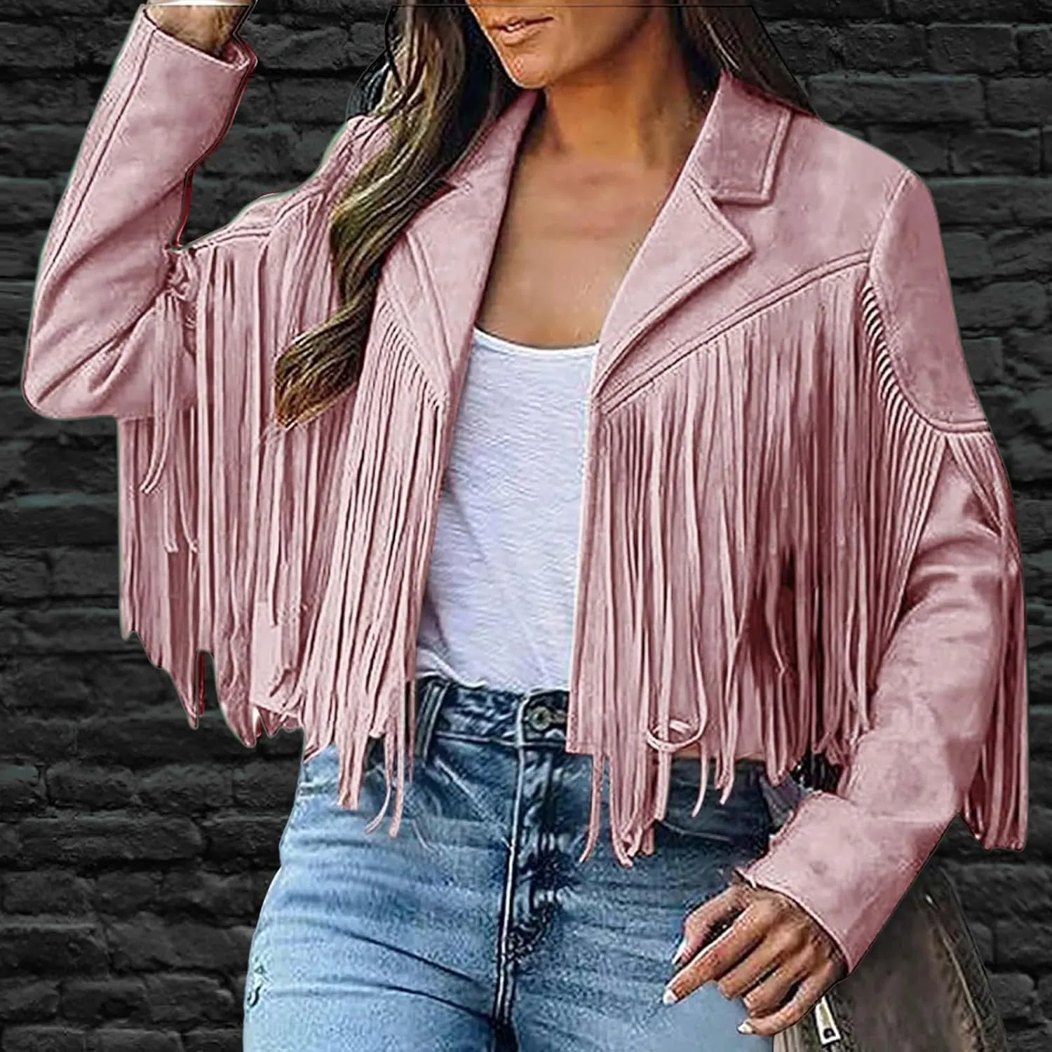 Kubbon Women's Fringe Faux Suede Leather Jackets 2024 Fall Long Sleeve Tassel Cropped Cowboy Coats Motorcycle Outfits