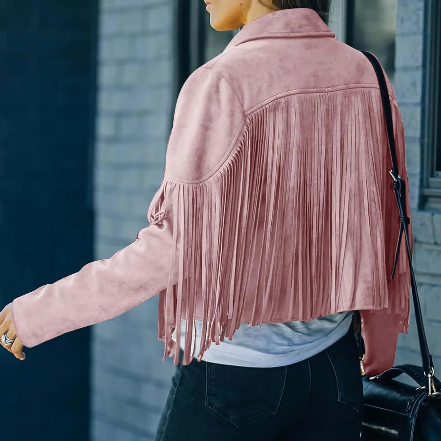 Kubbon Women's Fringe Faux Suede Leather Jackets 2024 Fall Long Sleeve Tassel Cropped Cowboy Coats Motorcycle Outfits