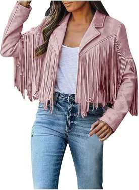 Kubbon Women's Fringe Faux Suede Leather Jackets 2024 Fall Long Sleeve Tassel Cropped Cowboy Coats Motorcycle Outfits