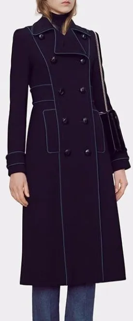 Long Double-Breasted Cotton Cashmere Coat in Deep Blue