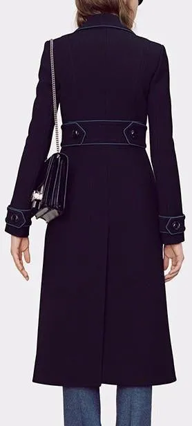 Long Double-Breasted Cotton Cashmere Coat in Deep Blue