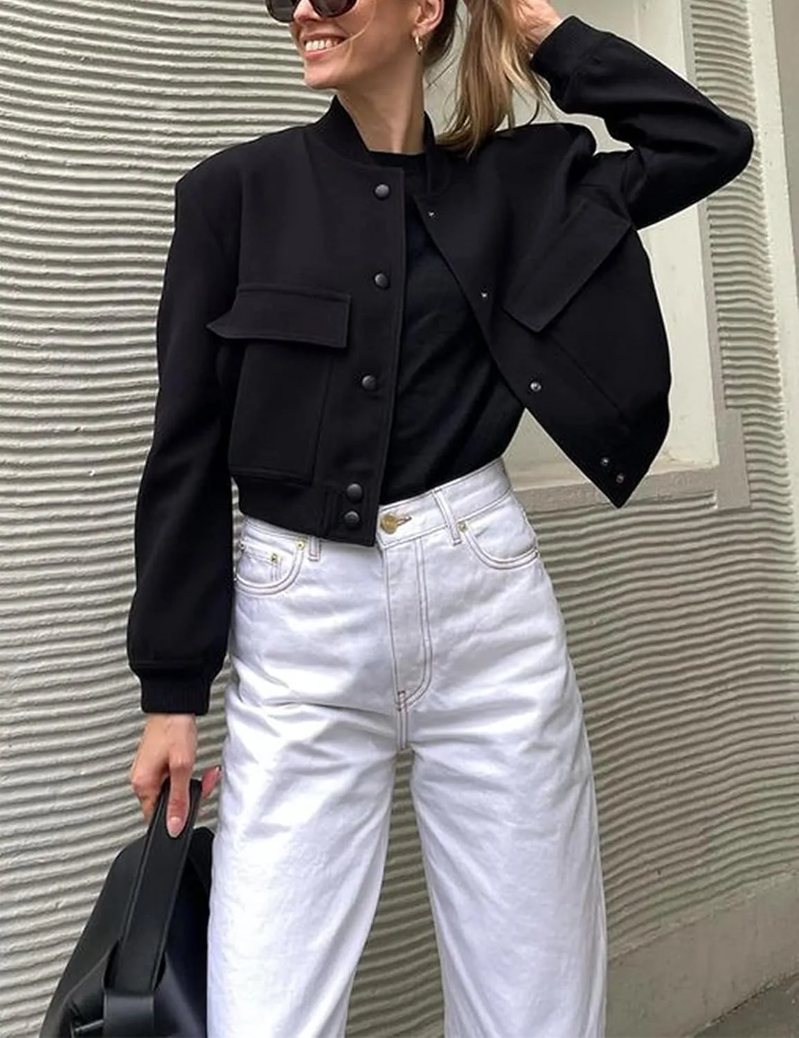 Lumister Women's Fashion Cropped Button Down Lightweight Cropped Bomber Jacket Varsity Shacket with Side Pockets