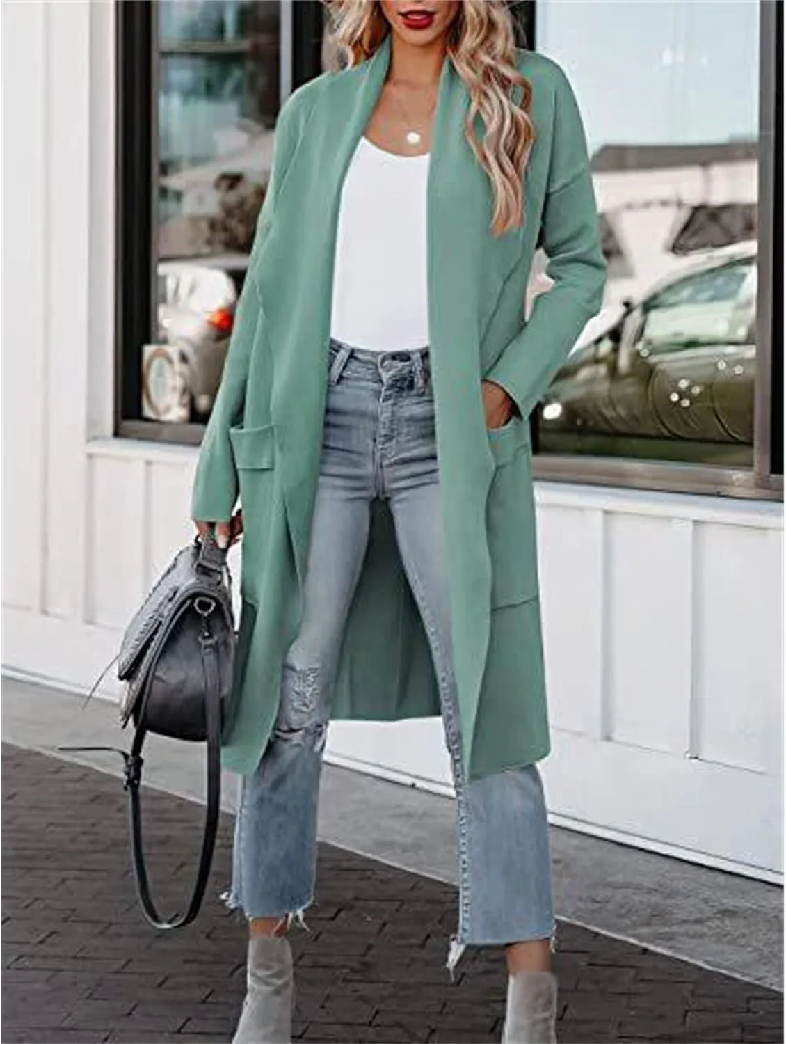 Maiyifu-GJ Women's Long Wool Blend Cardigan Sweaters Long Sleeve Lapel Casual Trench Coat Spring Fall Long Jacket Overcoat