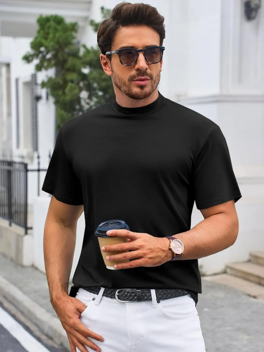 Mens Mock Turtleneck T Shirts Short Sleeve Cotton Basic Undershirt Relaxed Fit Lightweight Solid Pullover Tops