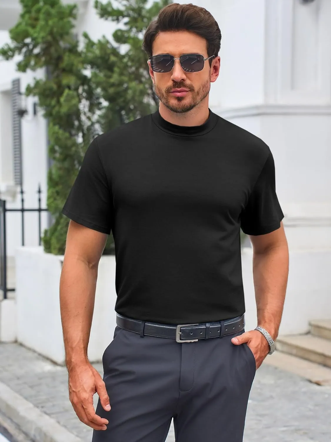 Mens Mock Turtleneck T Shirts Short Sleeve Cotton Basic Undershirt Relaxed Fit Lightweight Solid Pullover Tops