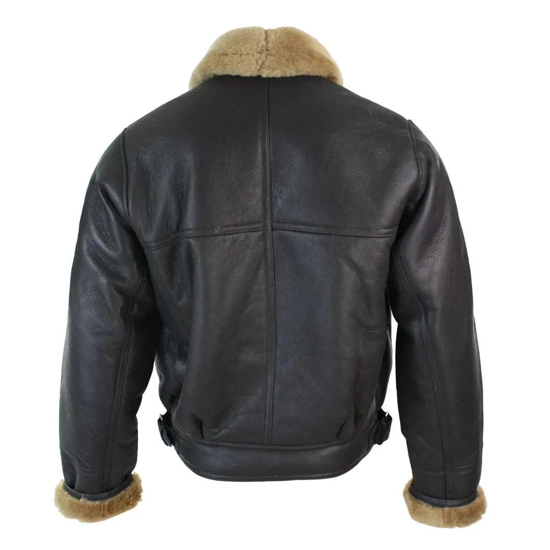 Mens Real Leather Sherling Cross Zip Sheepskin B3 Flying Pilot Jacket Warm Winter