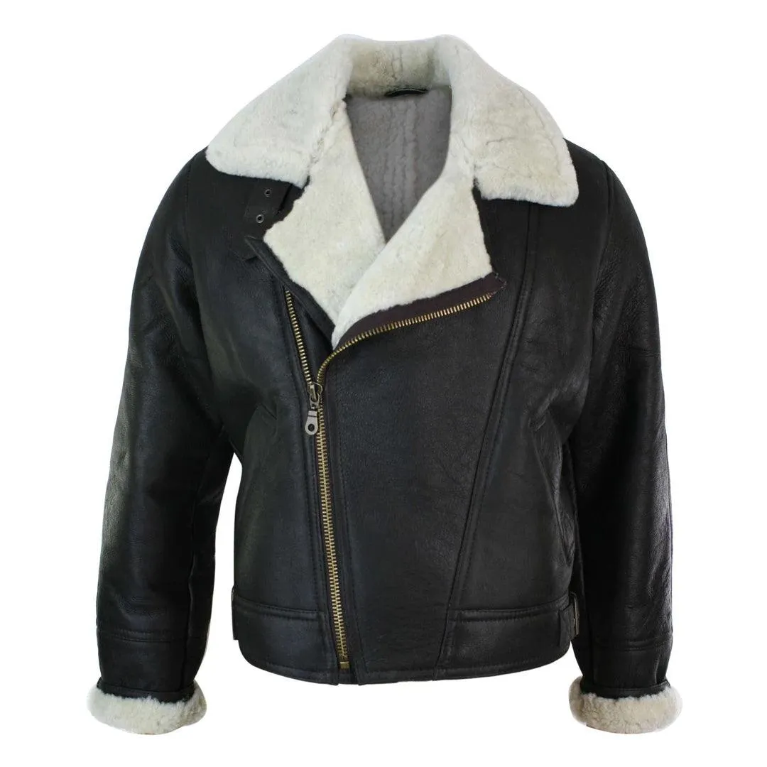 Mens Real Leather Sherling Cross Zip Sheepskin B3 Flying Pilot Jacket Warm Winter