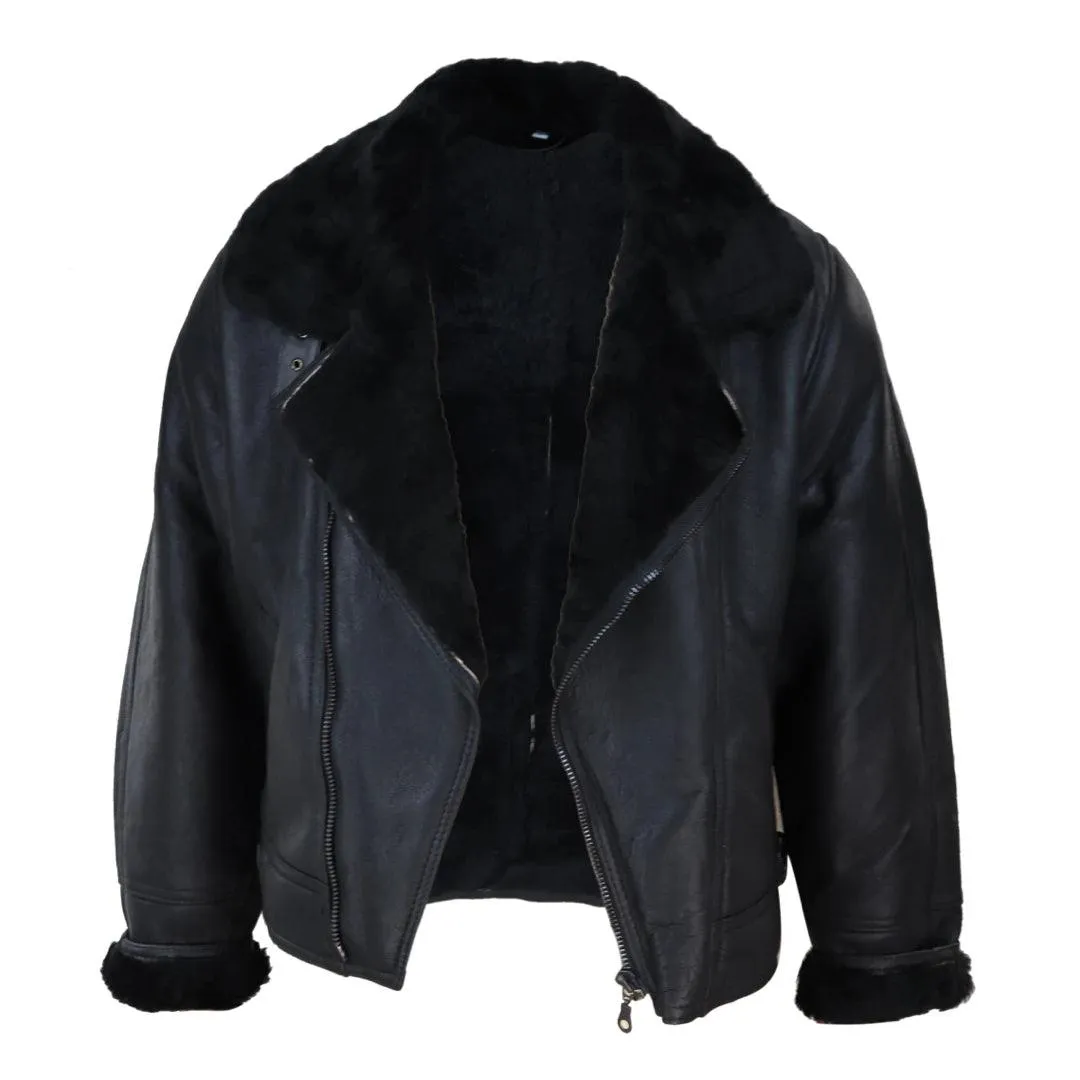 Mens Real Leather Sherling Cross Zip Sheepskin B3 Flying Pilot Jacket Warm Winter