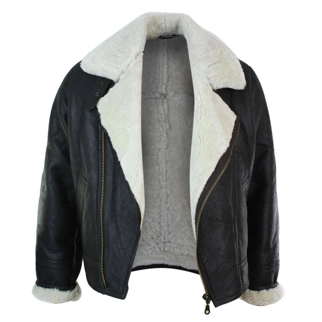 Mens Real Leather Sherling Cross Zip Sheepskin B3 Flying Pilot Jacket Warm Winter