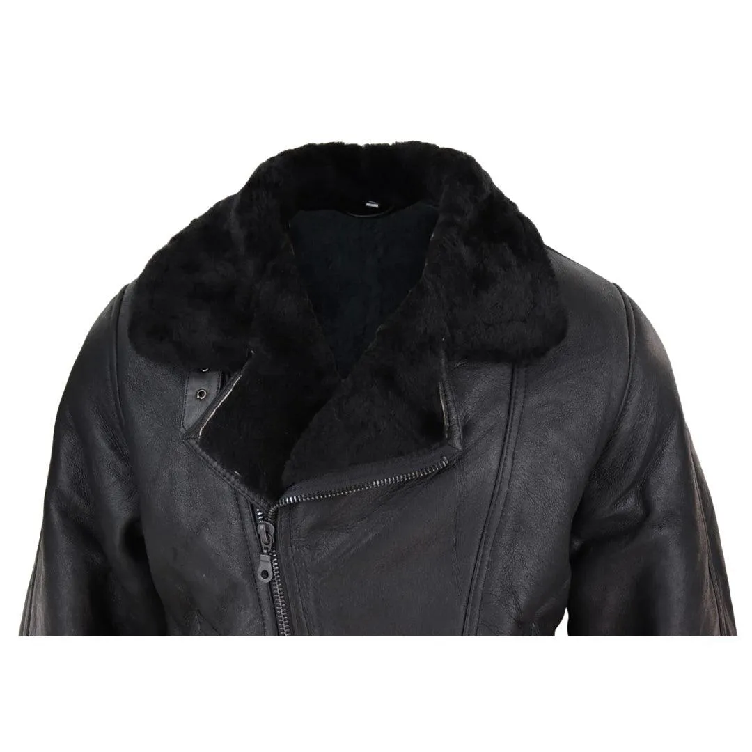 Mens Real Leather Sherling Cross Zip Sheepskin B3 Flying Pilot Jacket Warm Winter