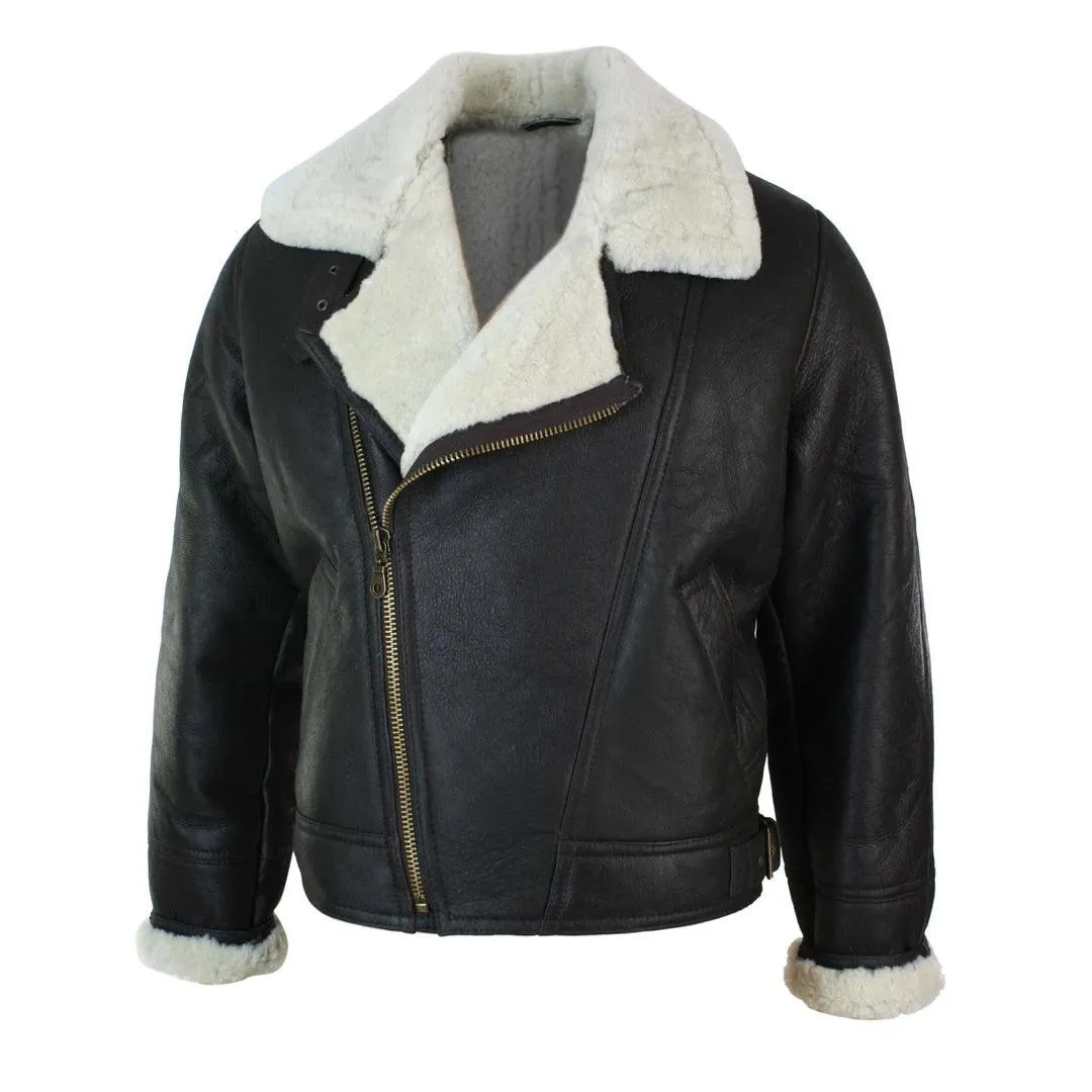 Mens Real Leather Sherling Cross Zip Sheepskin B3 Flying Pilot Jacket Warm Winter