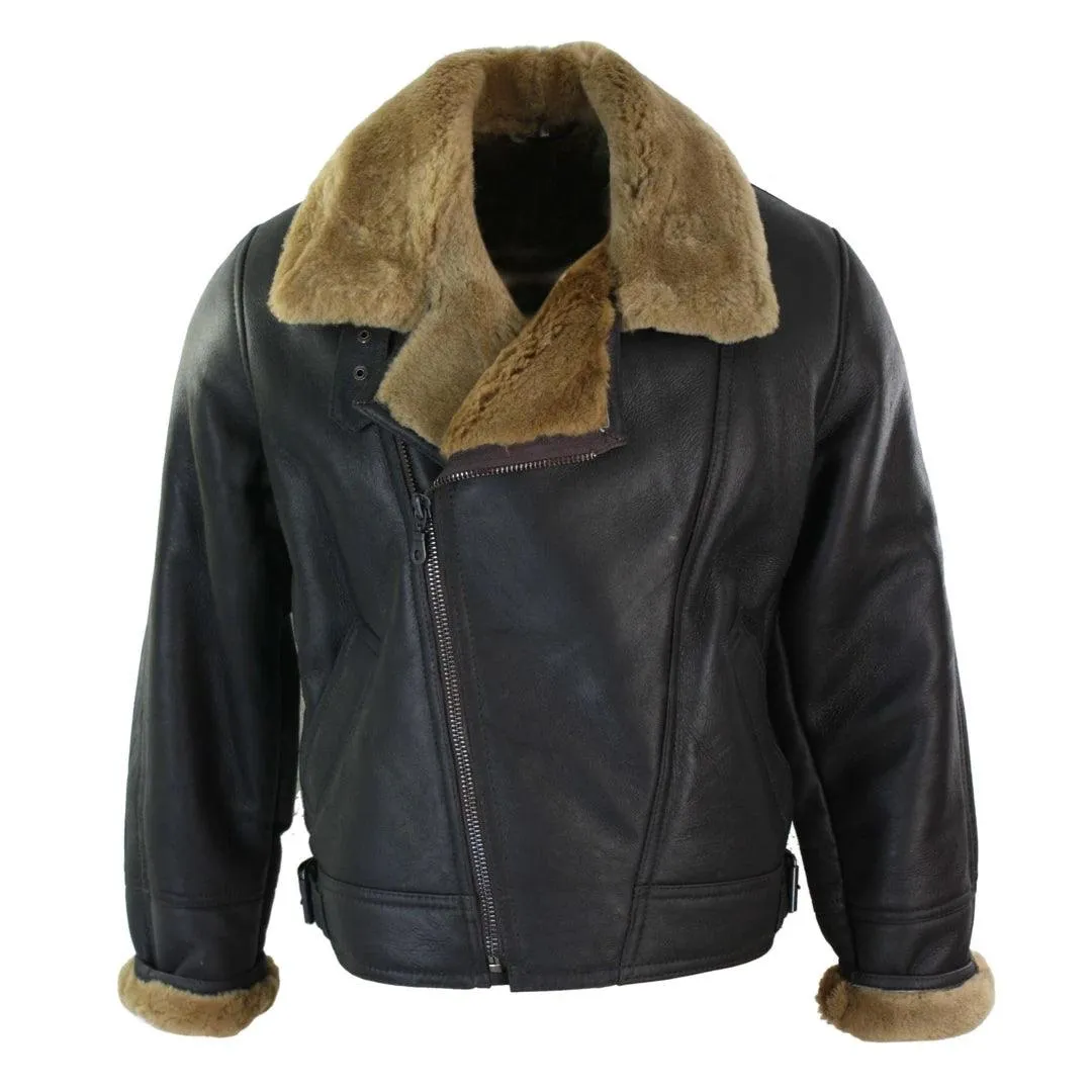Mens Real Leather Sherling Cross Zip Sheepskin B3 Flying Pilot Jacket Warm Winter