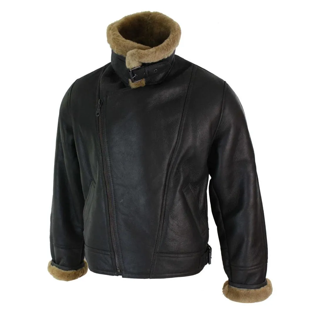 Mens Real Leather Sherling Cross Zip Sheepskin B3 Flying Pilot Jacket Warm Winter