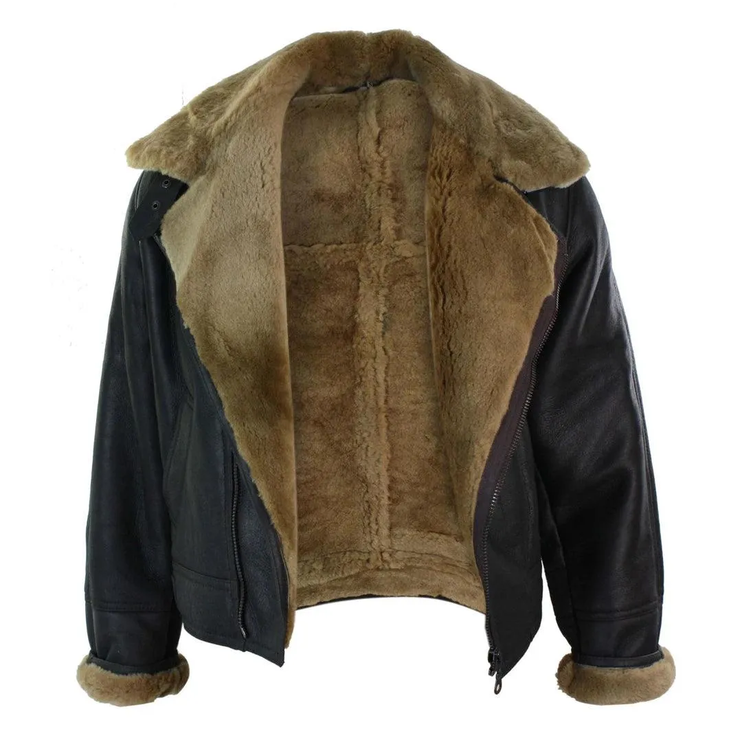Mens Real Leather Sherling Cross Zip Sheepskin B3 Flying Pilot Jacket Warm Winter