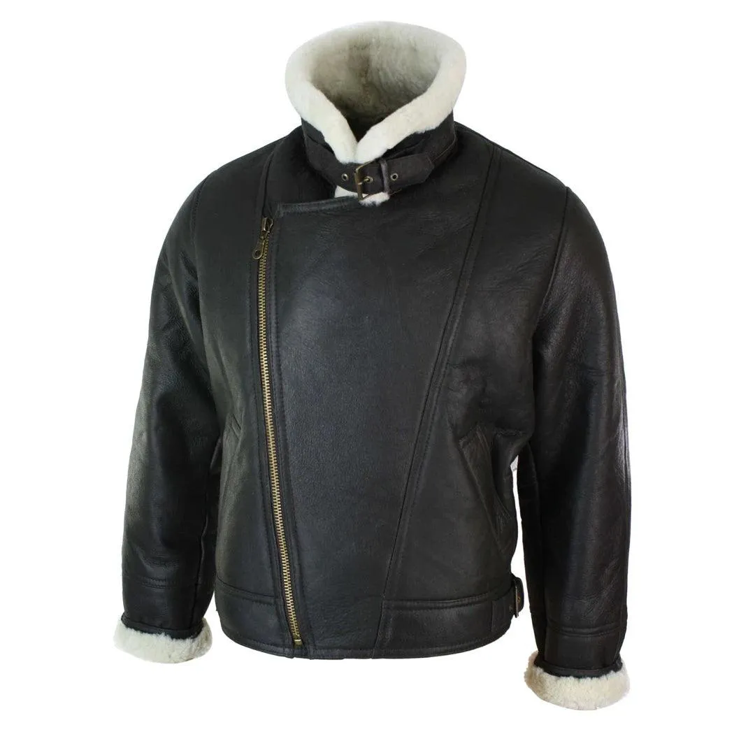 Mens Real Leather Sherling Cross Zip Sheepskin B3 Flying Pilot Jacket Warm Winter