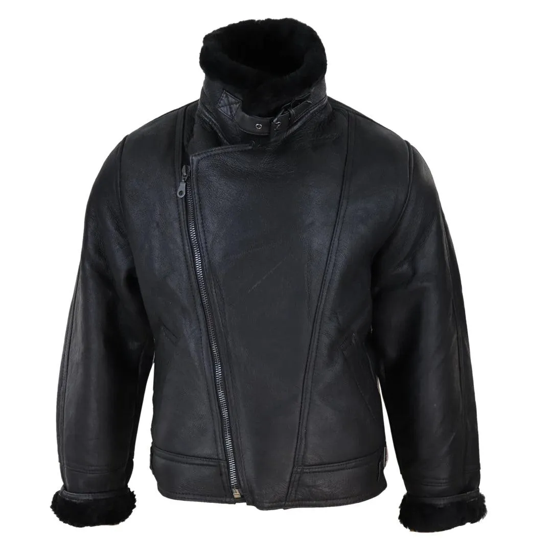 Mens Real Leather Sherling Cross Zip Sheepskin B3 Flying Pilot Jacket Warm Winter