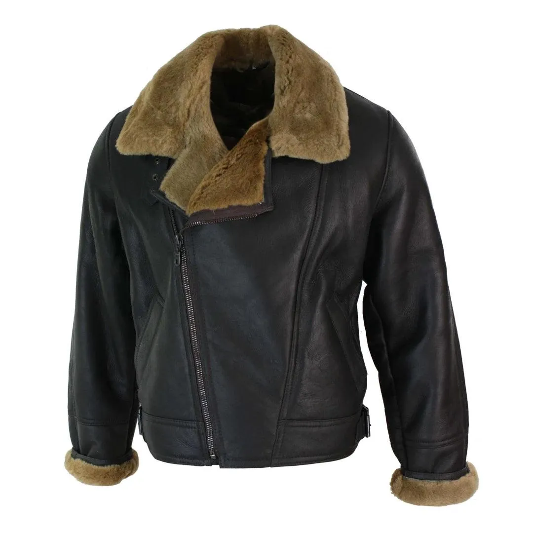 Mens Real Leather Sherling Cross Zip Sheepskin B3 Flying Pilot Jacket Warm Winter