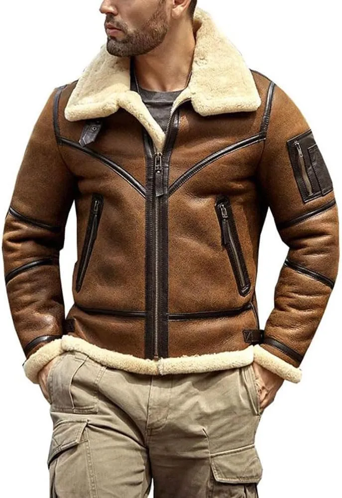 Mens Shearling Jacket B3 Flight Sheepskin Aviator Winter Coat Fur Bomber Leather Jacket