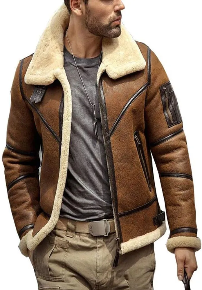 Mens Shearling Jacket B3 Flight Sheepskin Aviator Winter Coat Fur Bomber Leather Jacket