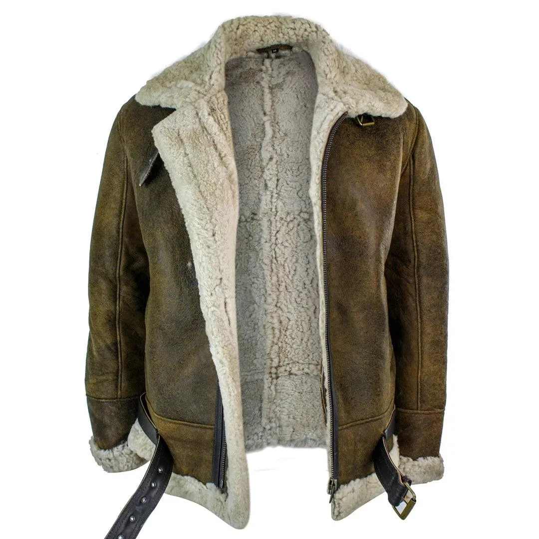 Mens Vintage Antique Sherling Sheepskin Cream Fur Air Force Pilot RAF Jacket