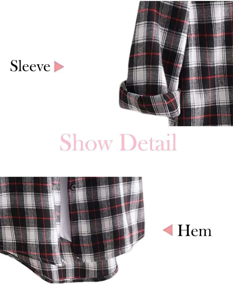 Minibee Women's Cotton Blouses Tops Plaid Long Sleeve High Low Button Down Shirts Tunic