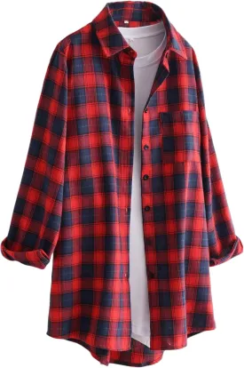 Minibee Women's Cotton Blouses Tops Plaid Long Sleeve High Low Button Down Shirts Tunic