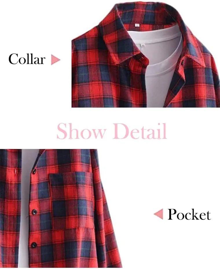 Minibee Women's Cotton Blouses Tops Plaid Long Sleeve High Low Button Down Shirts Tunic
