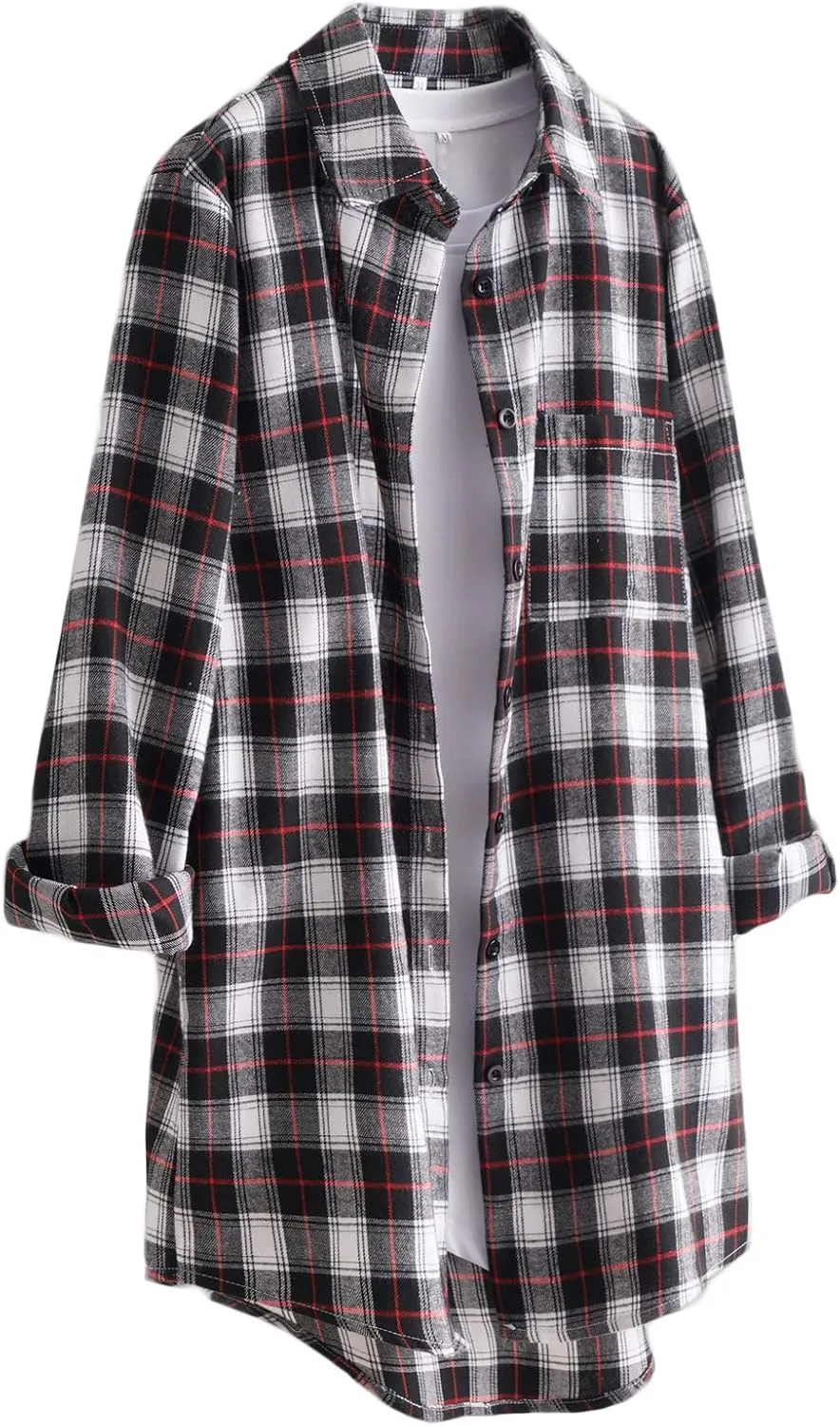Minibee Women's Cotton Blouses Tops Plaid Long Sleeve High Low Button Down Shirts Tunic