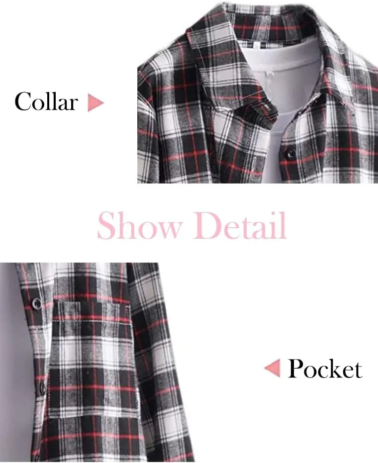Minibee Women's Cotton Blouses Tops Plaid Long Sleeve High Low Button Down Shirts Tunic