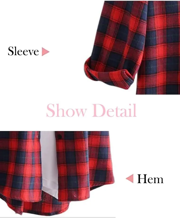 Minibee Women's Cotton Blouses Tops Plaid Long Sleeve High Low Button Down Shirts Tunic