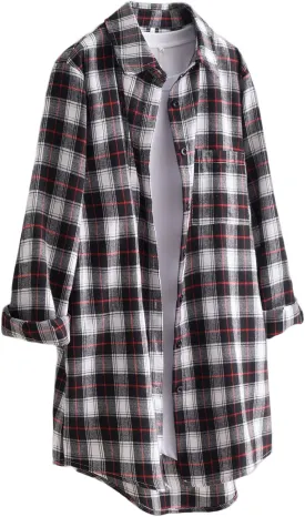 Minibee Women's Cotton Blouses Tops Plaid Long Sleeve High Low Button Down Shirts Tunic