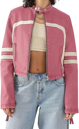 Molilove Leather Jacket Cropped Jacket Motorcycle Jacket for Women Zip Bomber Jacket Women Faux Leather Jacket with Pockets