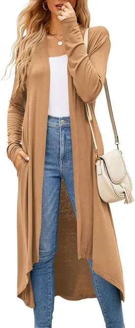 Newchoice Womens Long Cardigan Fall Casual Draped Open Front Lightweight Long Sleeve Cardigan Duster with Pockets
