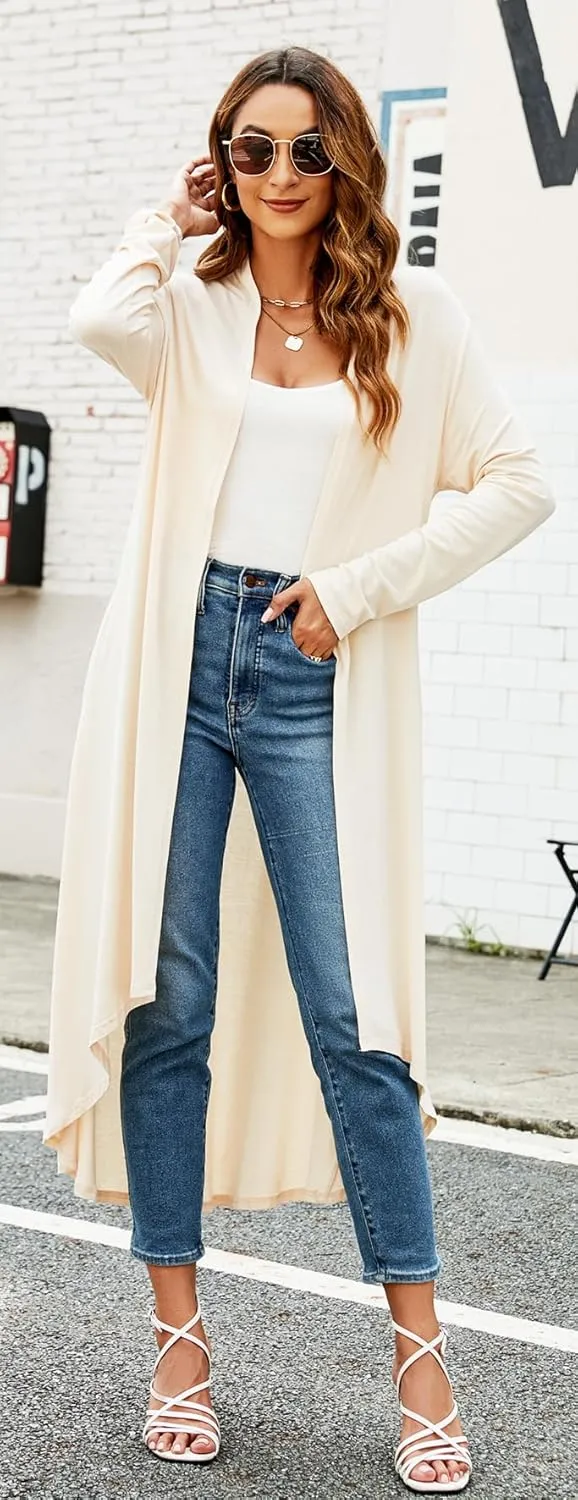 Newchoice Womens Long Cardigan Fall Casual Draped Open Front Lightweight Long Sleeve Cardigan Duster with Pockets