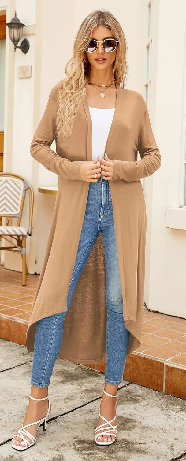 Newchoice Womens Long Cardigan Fall Casual Draped Open Front Lightweight Long Sleeve Cardigan Duster with Pockets