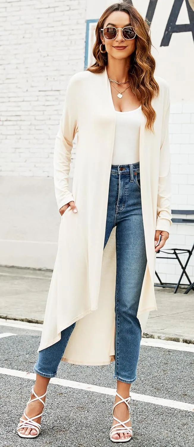 Newchoice Womens Long Cardigan Fall Casual Draped Open Front Lightweight Long Sleeve Cardigan Duster with Pockets