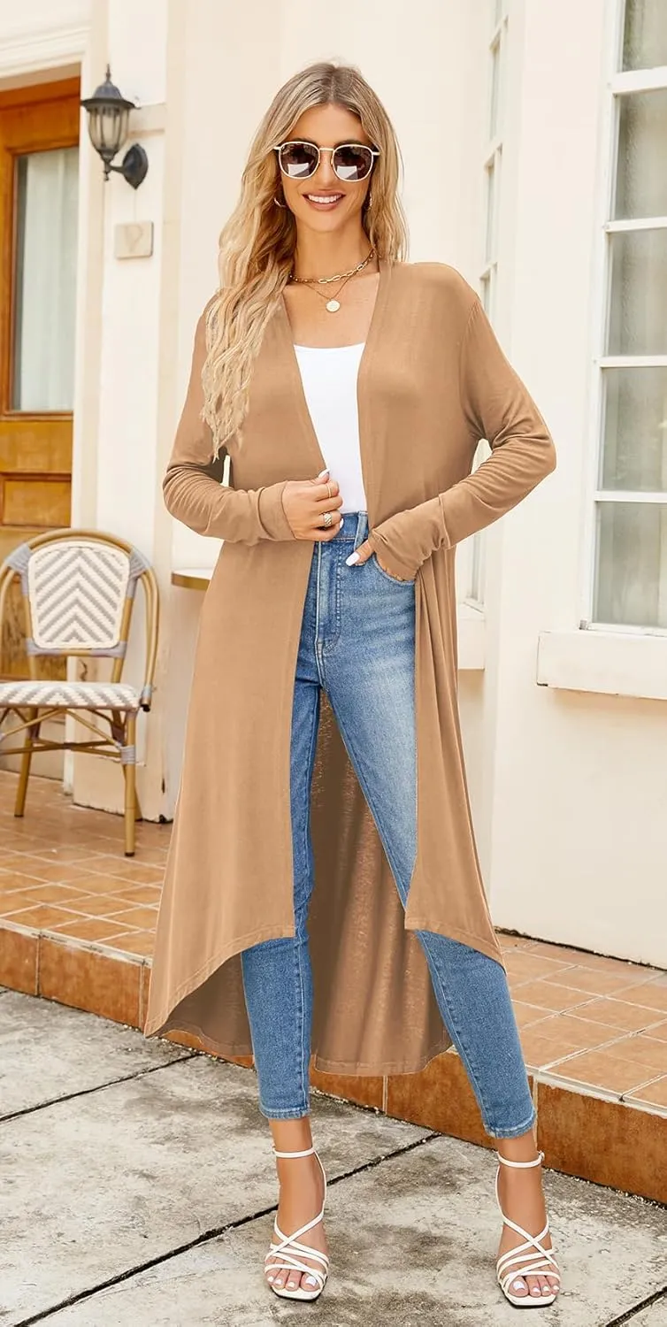 Newchoice Womens Long Cardigan Fall Casual Draped Open Front Lightweight Long Sleeve Cardigan Duster with Pockets