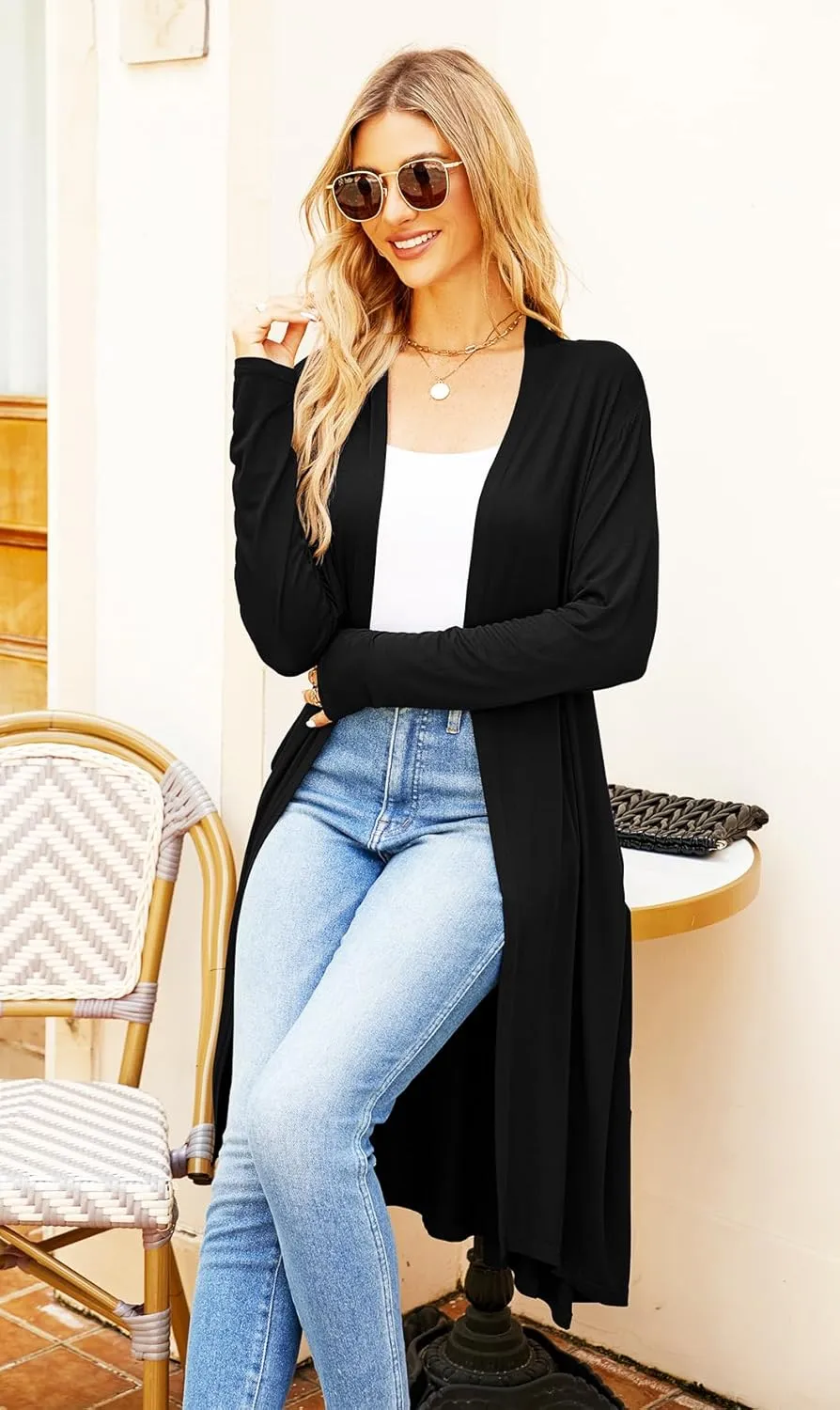 Newchoice Womens Long Cardigan Fall Casual Draped Open Front Lightweight Long Sleeve Cardigan Duster with Pockets