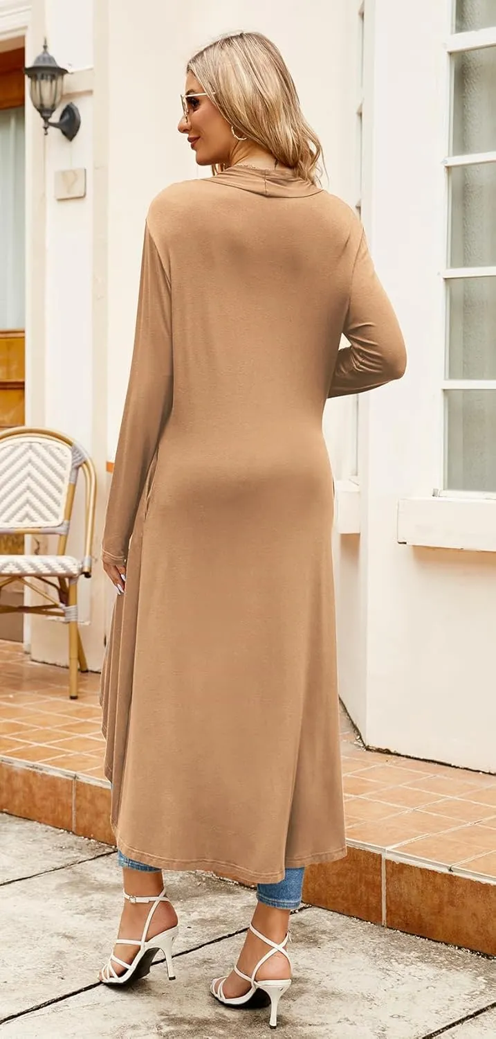 Newchoice Womens Long Cardigan Fall Casual Draped Open Front Lightweight Long Sleeve Cardigan Duster with Pockets