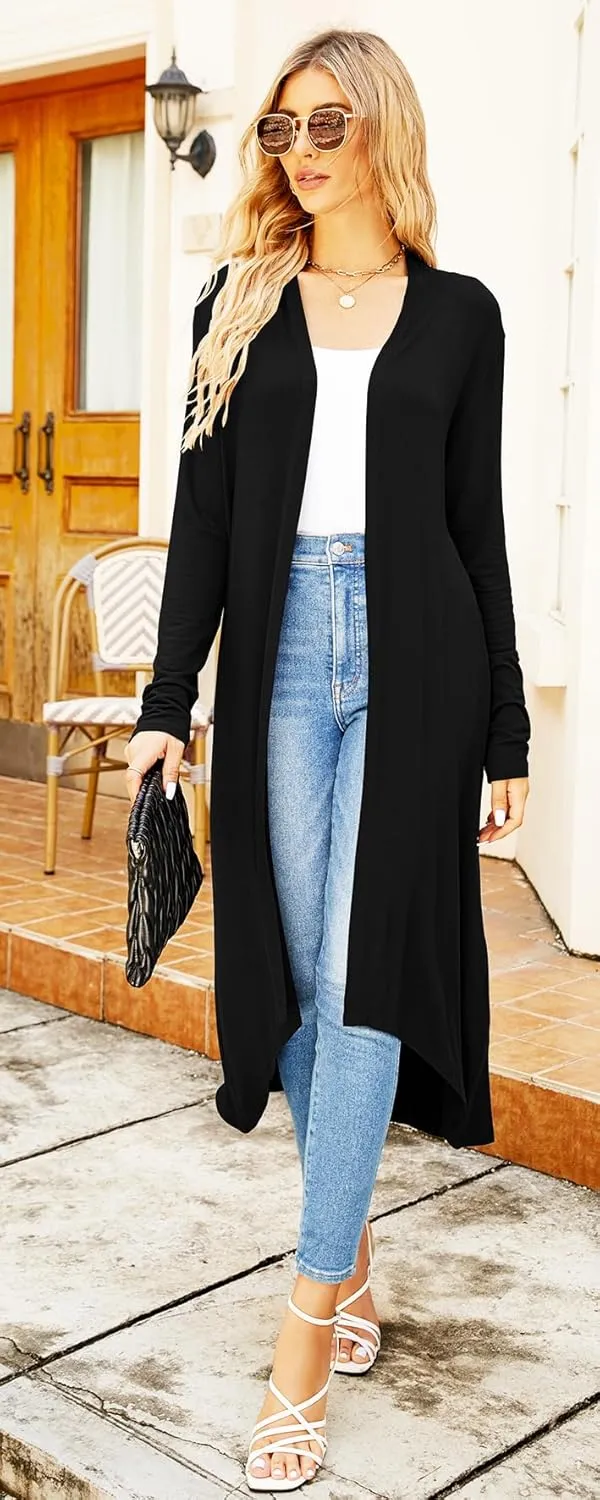 Newchoice Womens Long Cardigan Fall Casual Draped Open Front Lightweight Long Sleeve Cardigan Duster with Pockets
