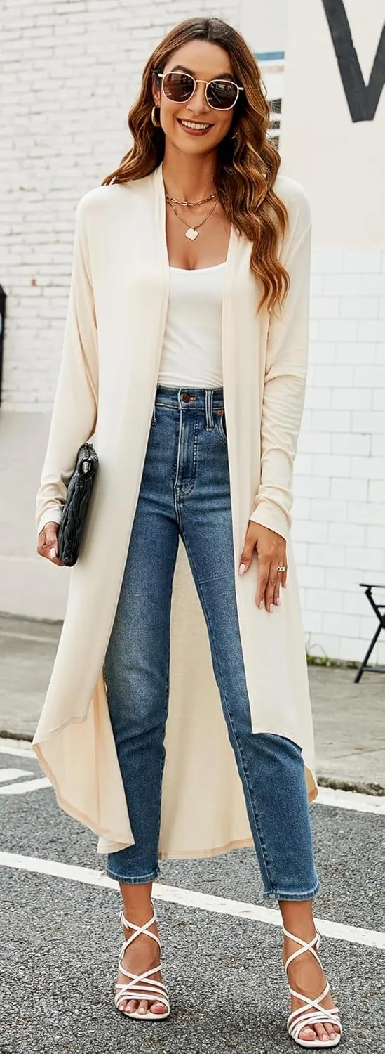 Newchoice Womens Long Cardigan Fall Casual Draped Open Front Lightweight Long Sleeve Cardigan Duster with Pockets
