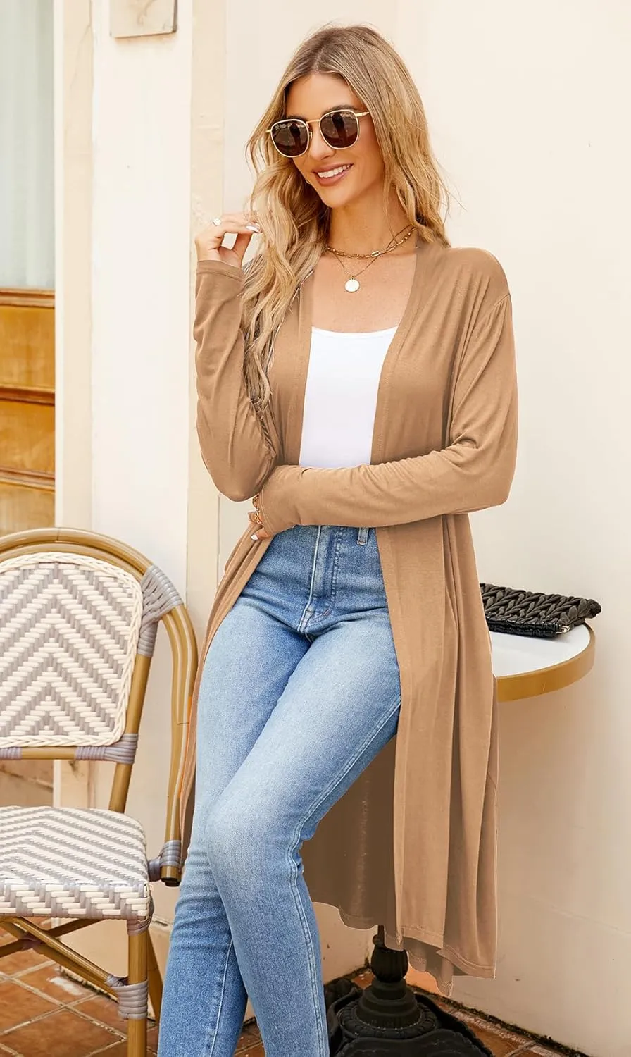Newchoice Womens Long Cardigan Fall Casual Draped Open Front Lightweight Long Sleeve Cardigan Duster with Pockets