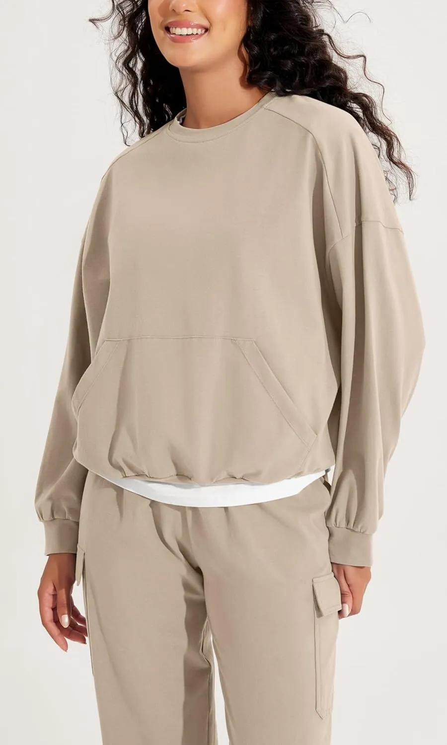 ODODOS Purevibe Cotton Oversized Sweatshirts, Women's Crew Neck Long Sleeve Pullover Tops with Kangaroo Pocket