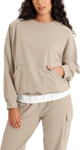 ODODOS Purevibe Cotton Oversized Sweatshirts, Women's Crew Neck Long Sleeve Pullover Tops with Kangaroo Pocket