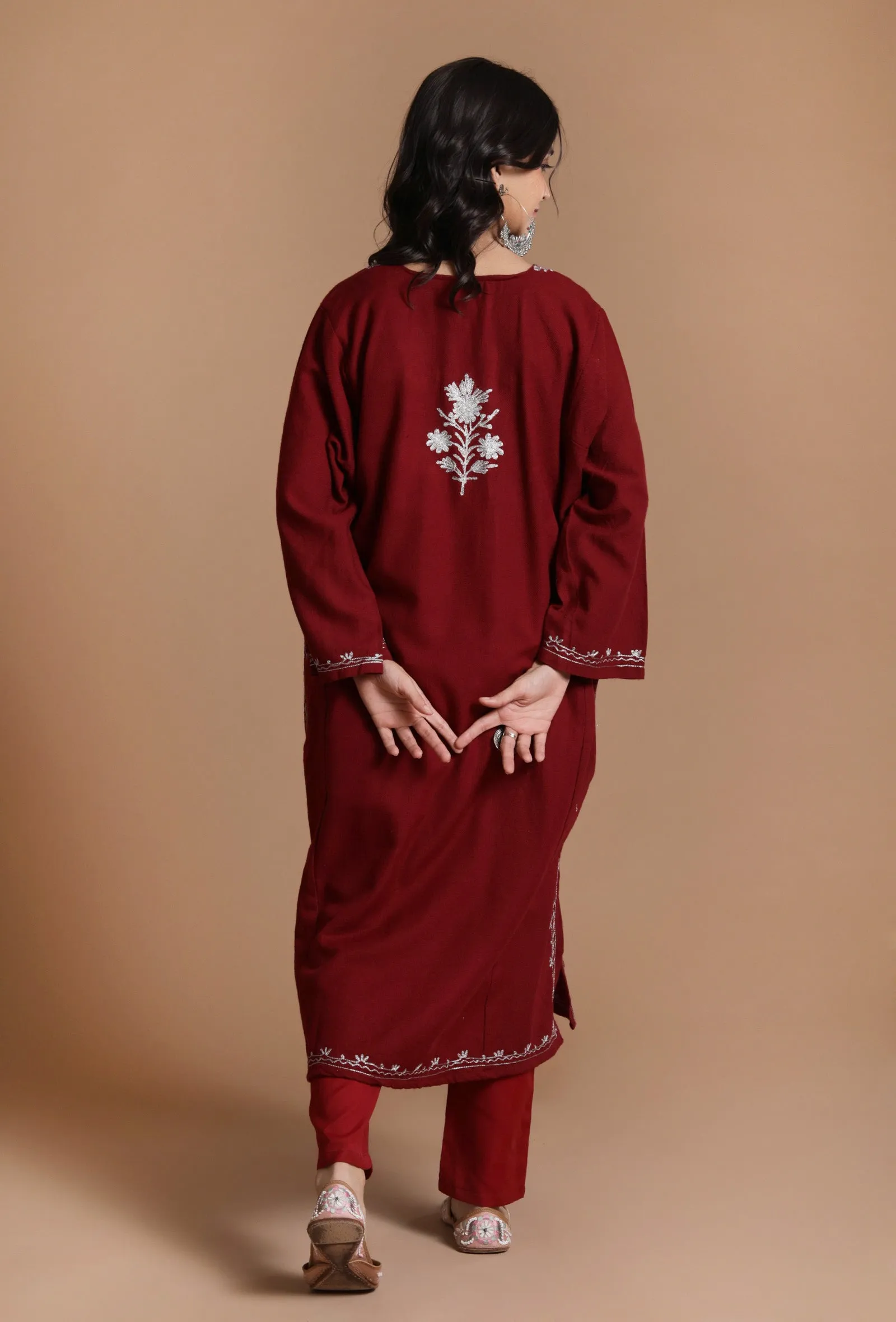 Old Brick Aari Embroidered Kashmiri Phiran-Free Size