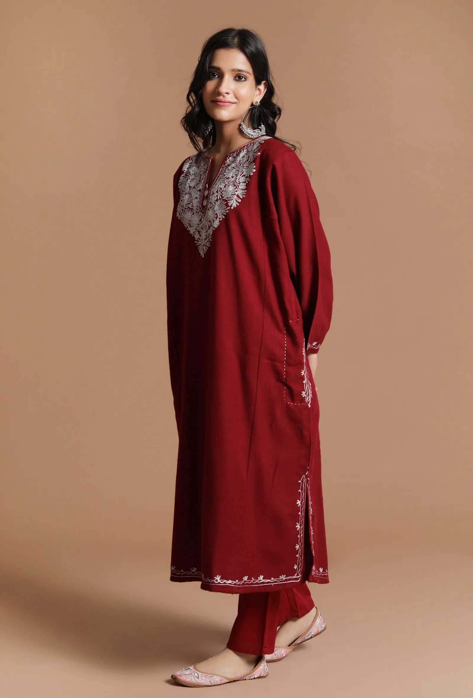 Old Brick Aari Embroidered Kashmiri Phiran-Free Size