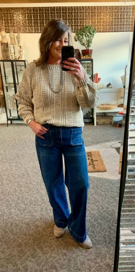 Olive  Ribbed Textured Oversized Crew Neck Sweater