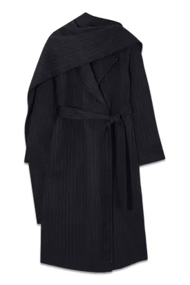 Oversized Pinstriped Wool Scarf Coat