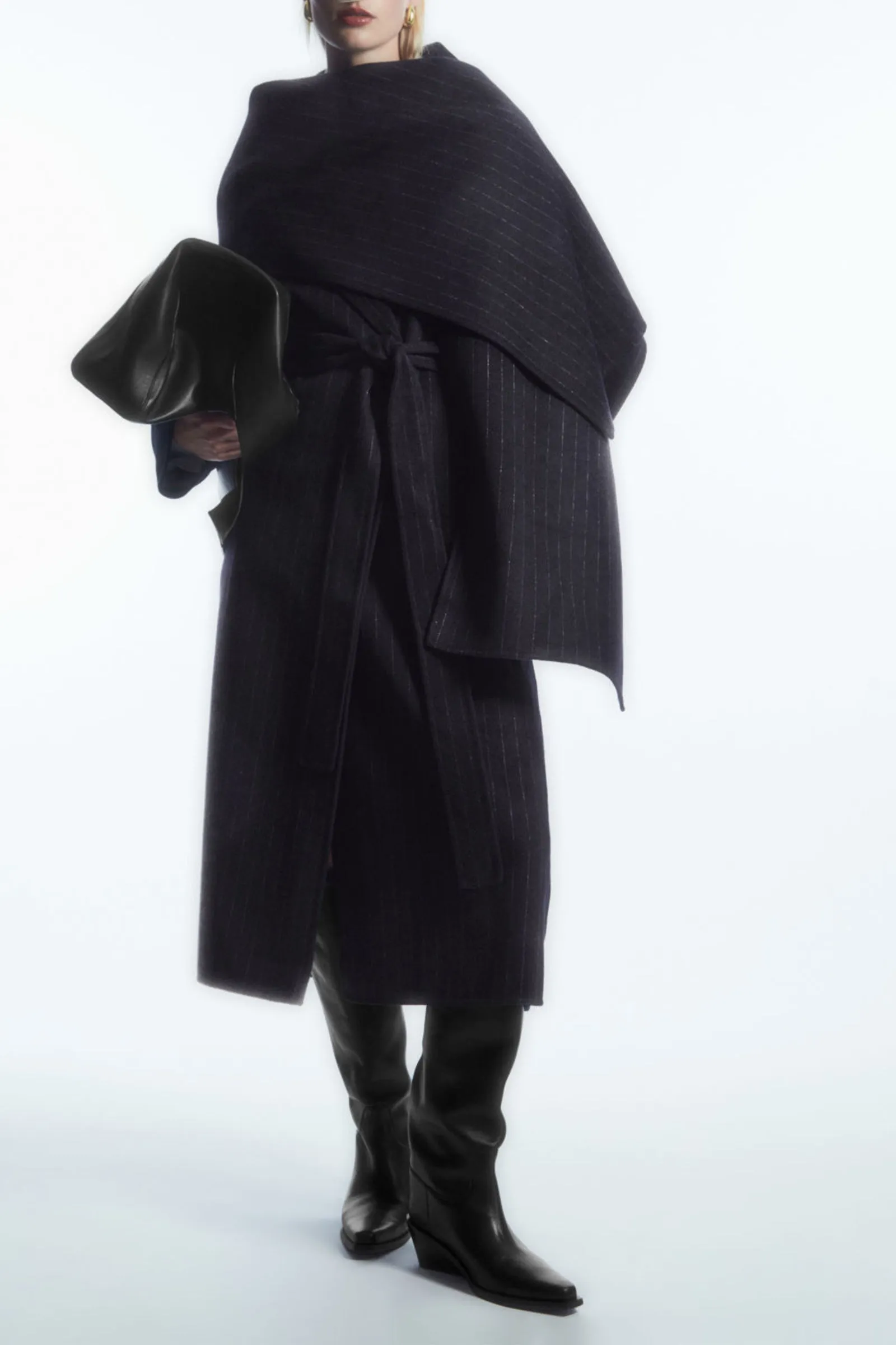 Oversized Pinstriped Wool Scarf Coat
