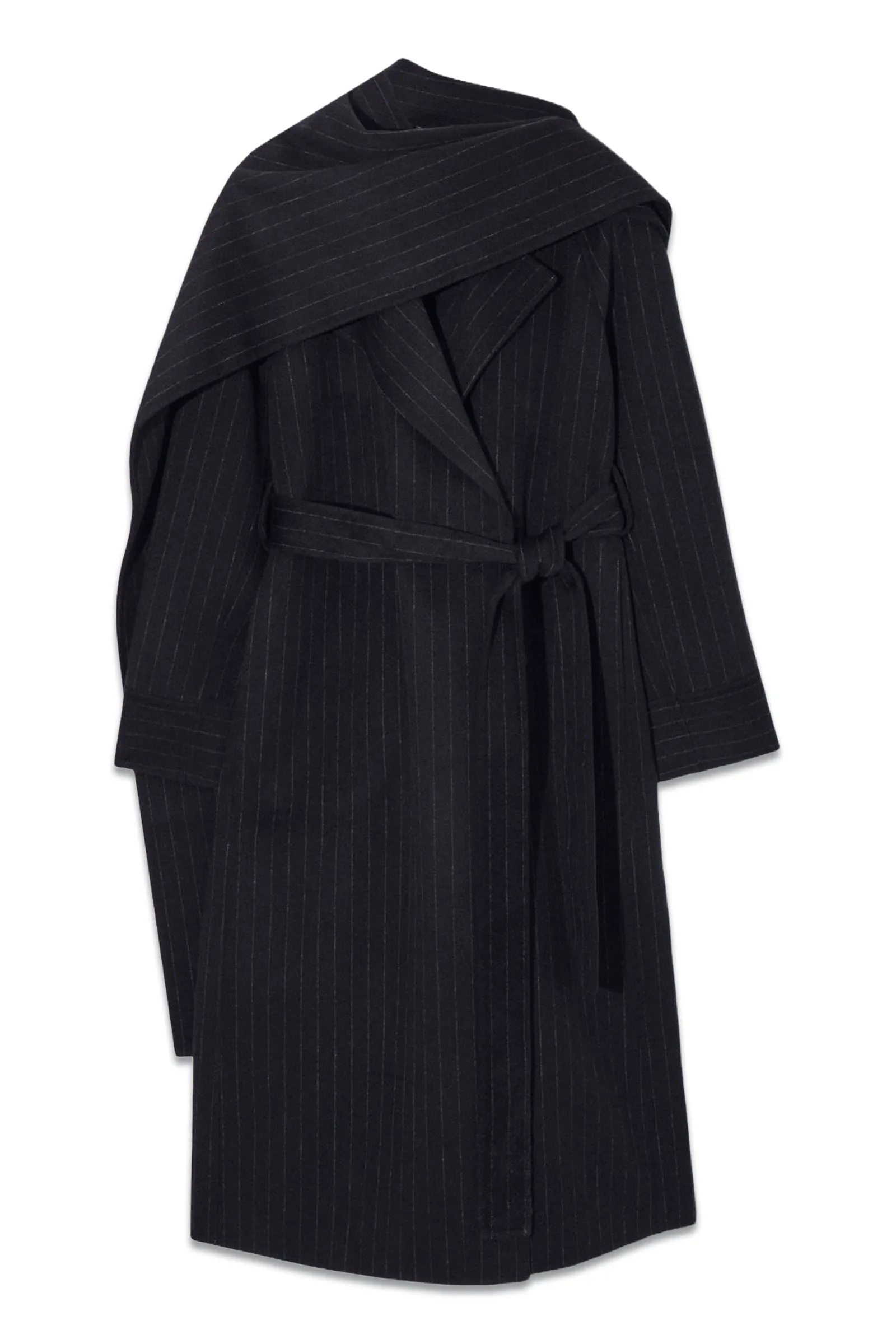 Oversized Pinstriped Wool Scarf Coat